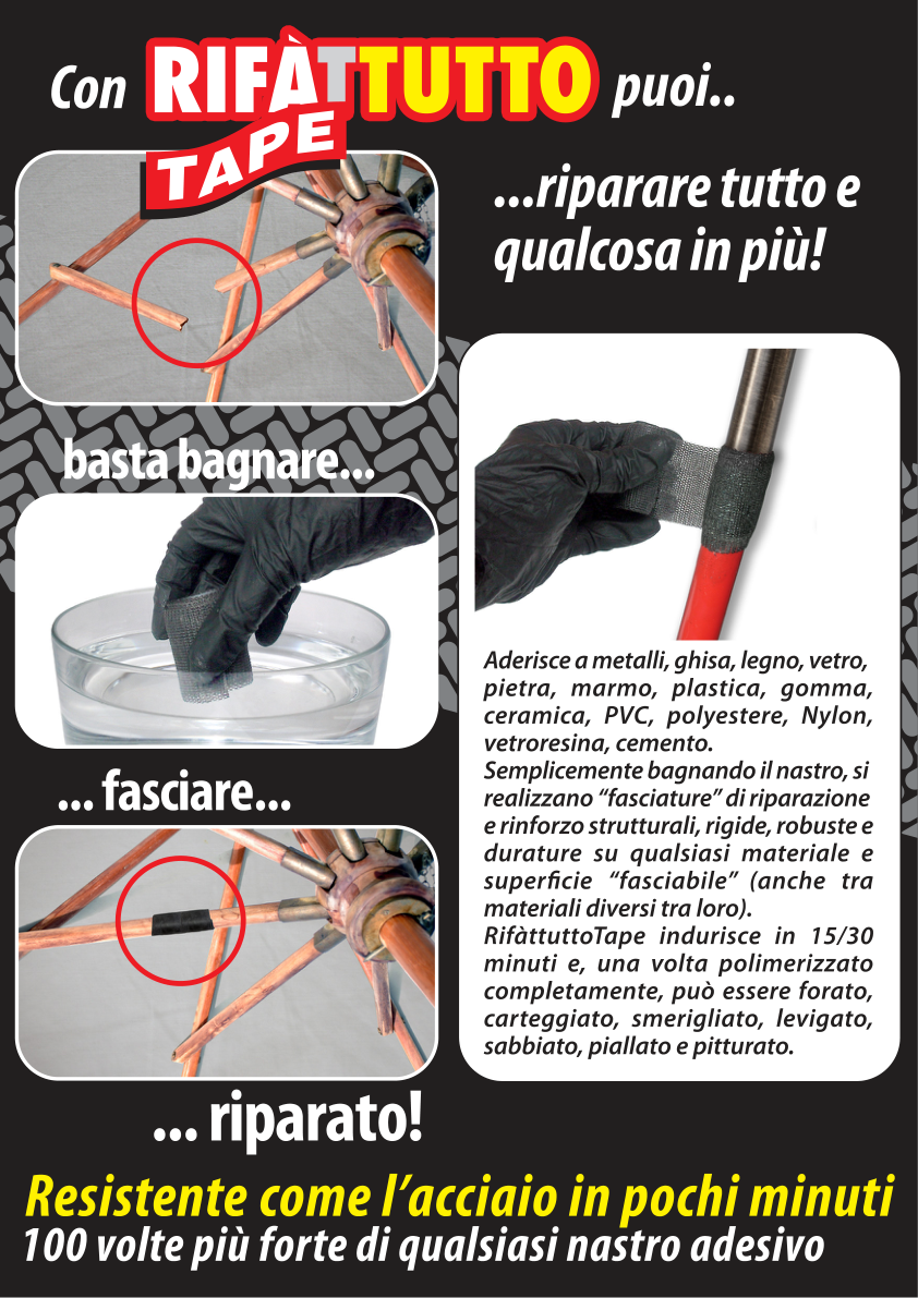 RIFATTUTTO TAPE expo banco 12pz 2 rotoli 5cm x 60cm , guanti in lattice, benda vinile, carta abrasiva - immagine 2