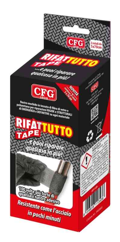 RIFATTUTTO TAPE expo banco 12pz 2 rotoli 5cm x 60cm , guanti in lattice, benda vinile, carta abrasiva