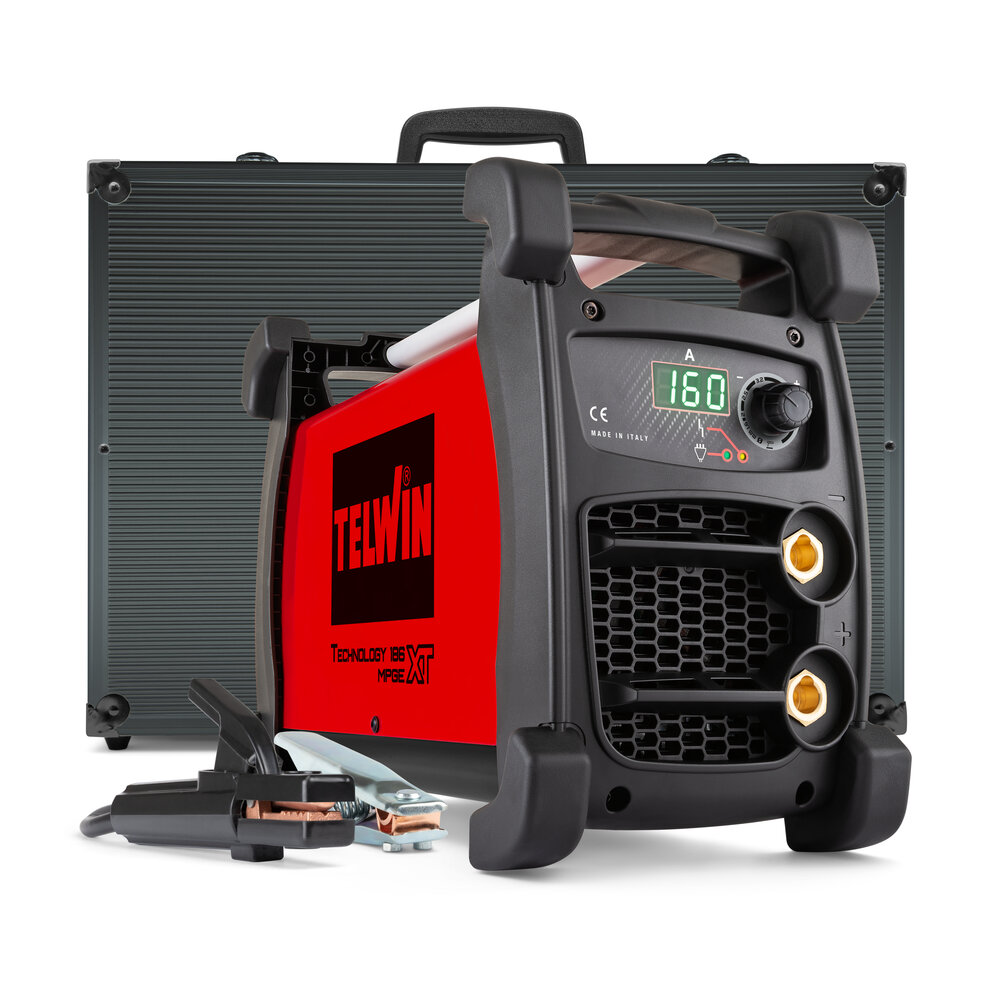 SALDATRICE INVERTER AD ELETTRODO MMA e TIG IN CORRENTE CONTINUA (DC) CON INNESCO A STRISCIO 160A CON DISPLAY, TECHNOLOGY 186 XT MPGE 230V ACX + VALIGETTA